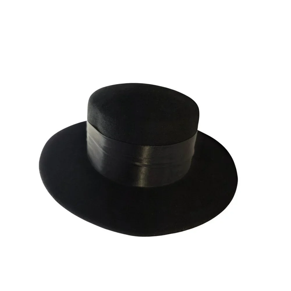 Vintage Black Wool Felt Hat Flat Crown Ribbon Band Formal Dress Hat USA 70s-90s